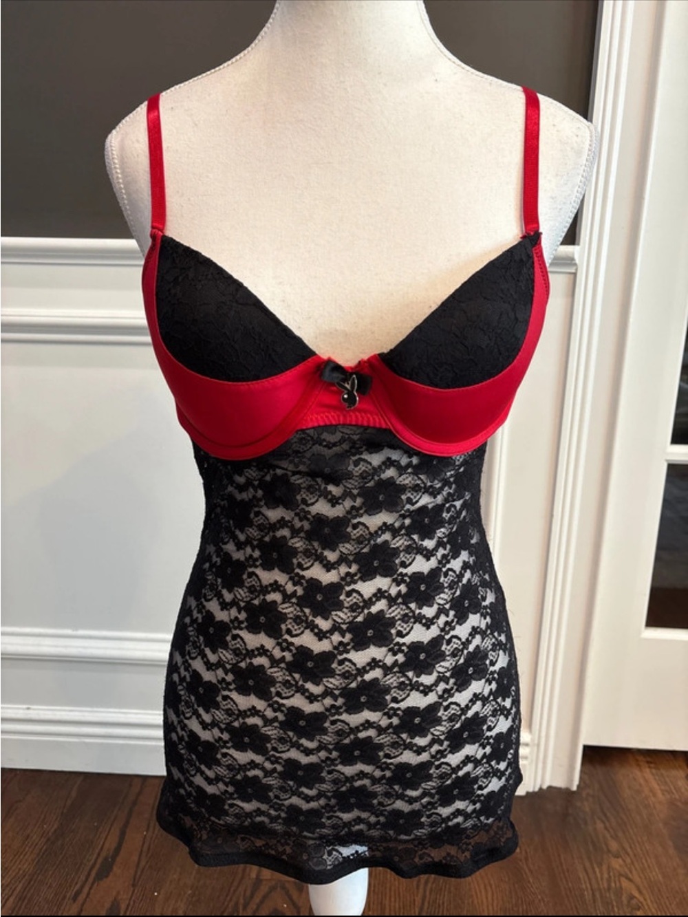 PLAYBOY Sexy Red and Black Lace Satin Chemise